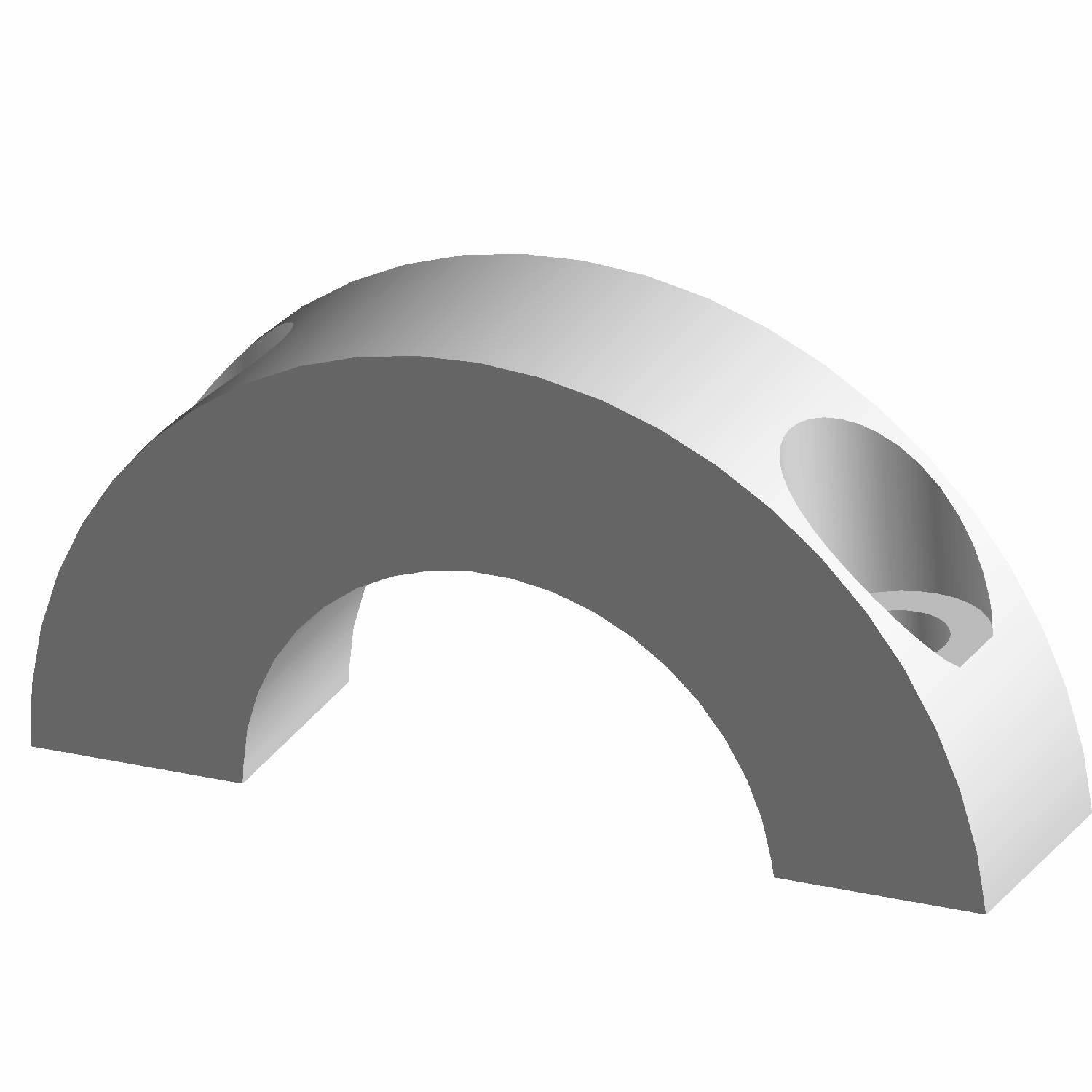 Silver metal semi-circular sway bar retainer clamp with a smooth finish and bolt hole on top.