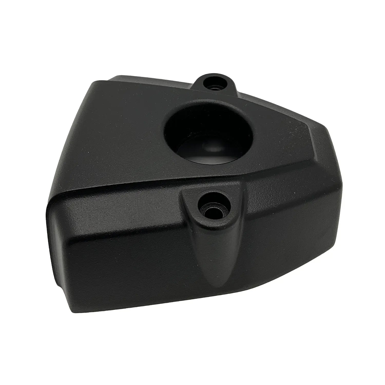 Matte black triangular ignition cover with two mounting holes and a recessed circular center.