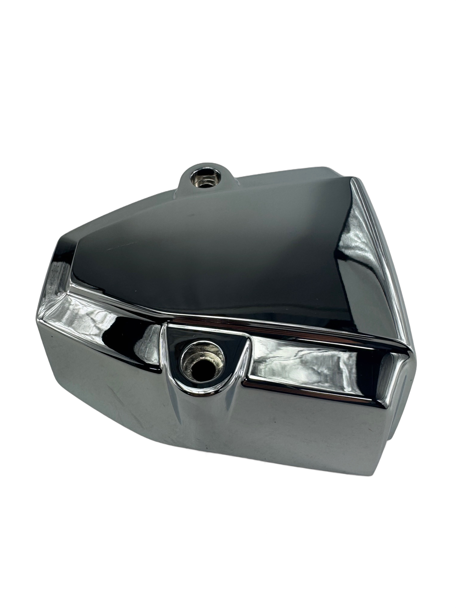 The Cover, Ignition/Coil, Rh, Chrome [15Th Anniv.] by Polaris is an OEM metal component with angled surfaces and two circular holes, chrome-plated and shown on a white background.