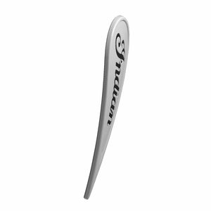 Silver curved metal badge with black "Indian" script logo designed for left side of motorcycle.
