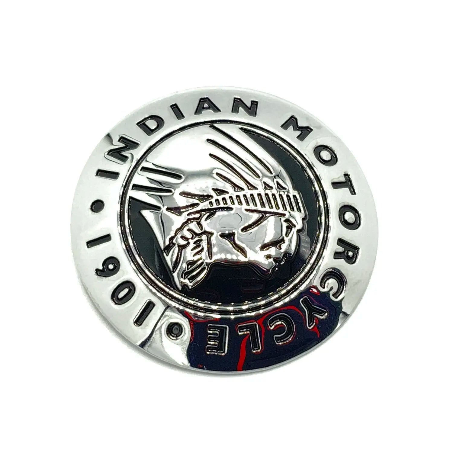 Chrome round saddlebag concho with raised Indian Motorcycle logo and Native American headdress emblem.