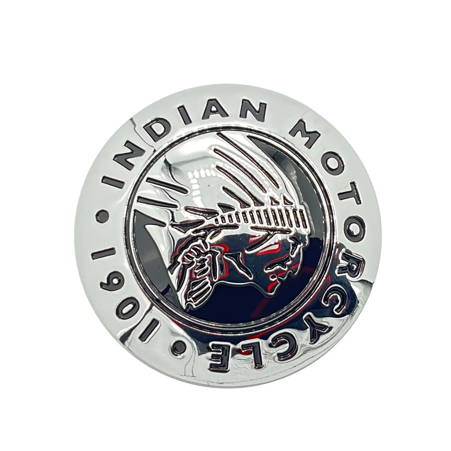 Silver circular badge with an embossed Native American headdress profile and "Indian Motorcycle 1901" text around the edge.