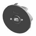 Black circular water pump impeller with central hexagonal hole and two smaller round holes, made of plastic.