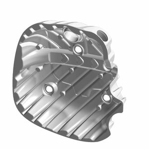 Chrome front valve cover with ribbed design and multiple mounting holes for motorcycle engine.