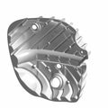 Chrome motorcycle valve cover with ribbed design and circular mounting holes.