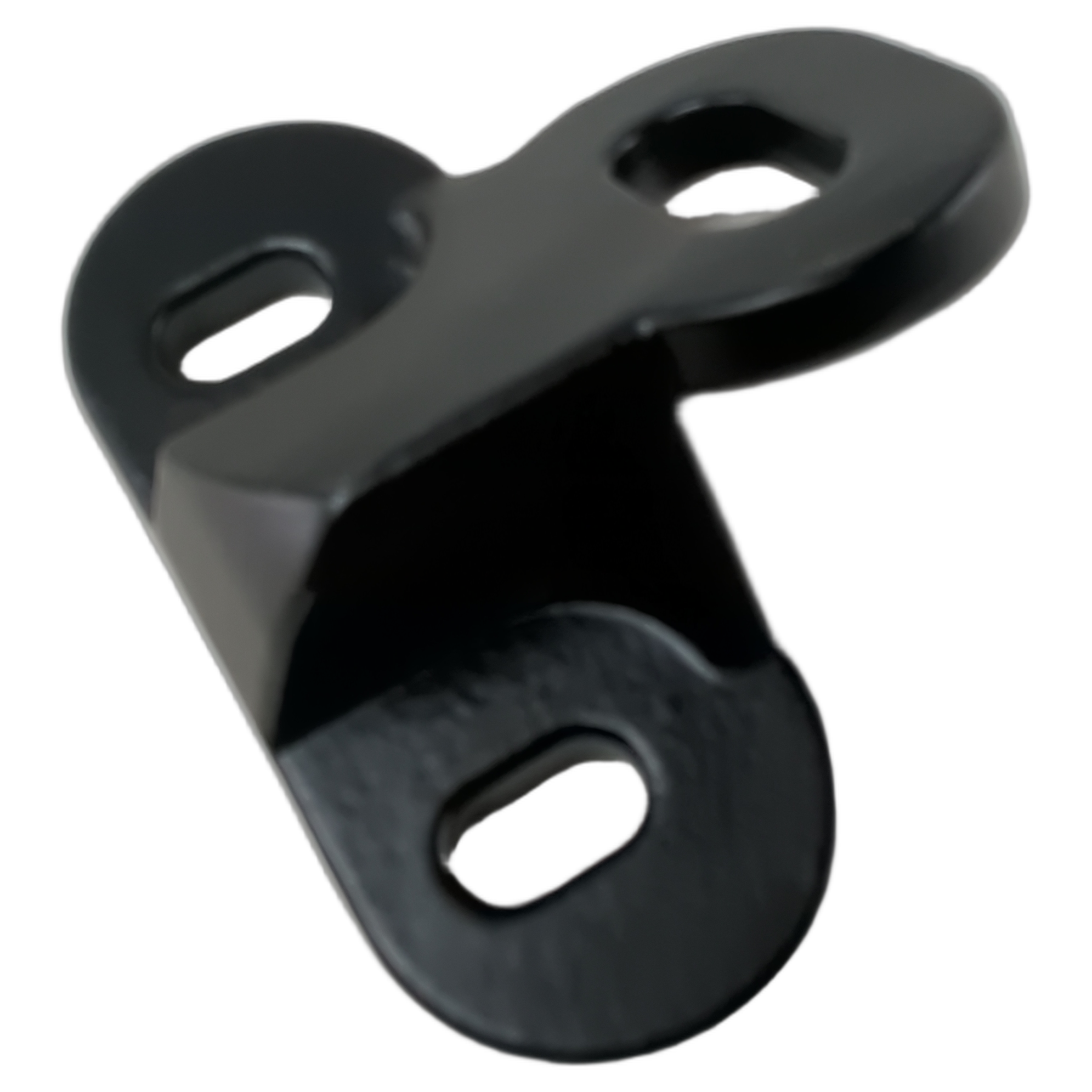 Matte black metal front striker mount with three elongated mounting holes.