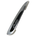 Brushed silver saddlebag hinge cover with black inset and white Indian script logo.
