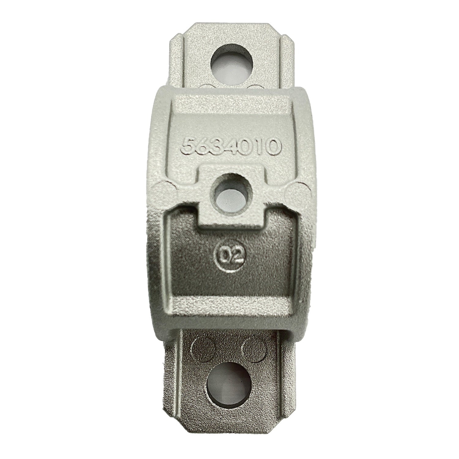 Silver metal sway bar mount bracket with two large holes and raised numeric markings.