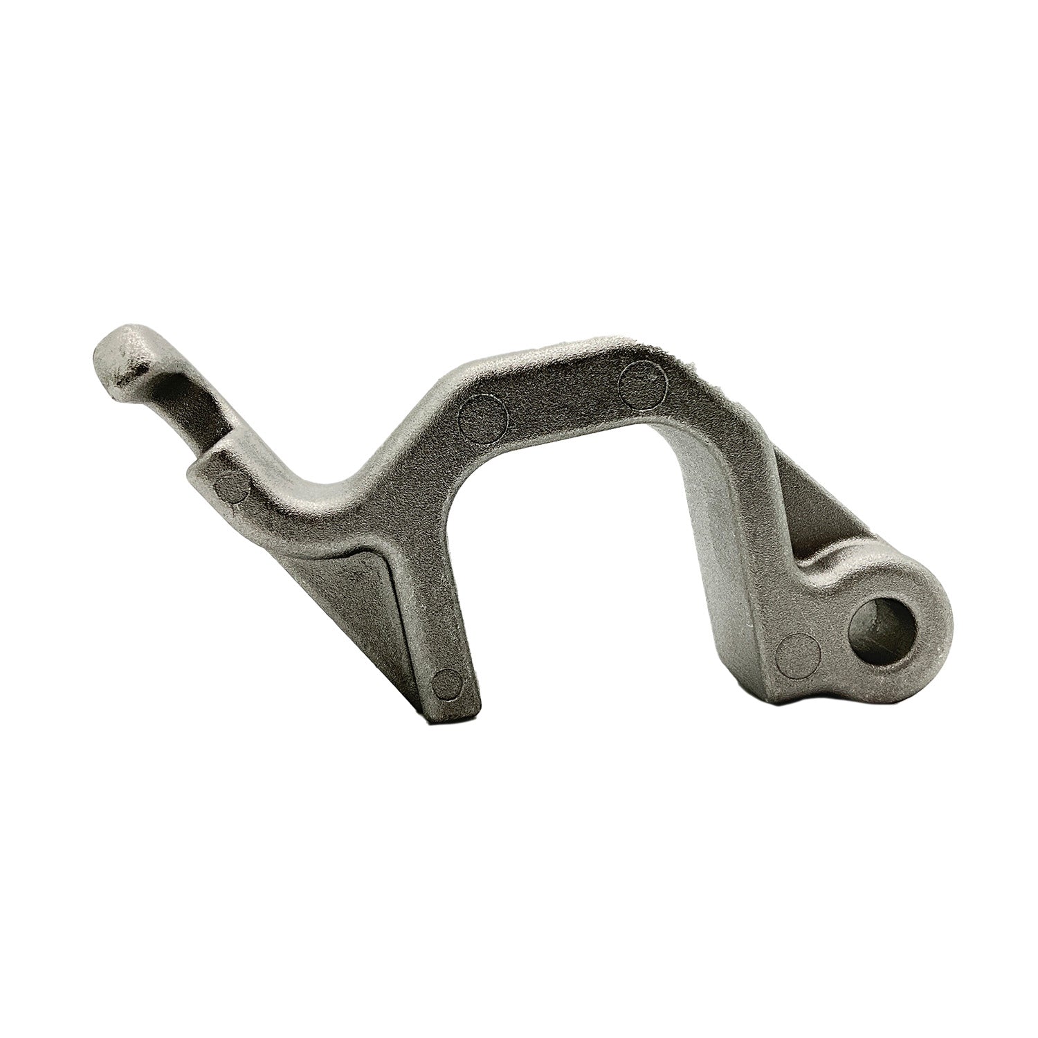 Silver cast metal sway bar bracket with a curved, angular design and mounting hole.