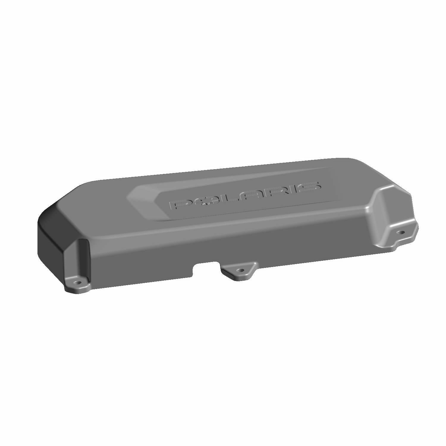 Gray rectangular alternator belt cover with beveled edges and embossed Polaris logo.