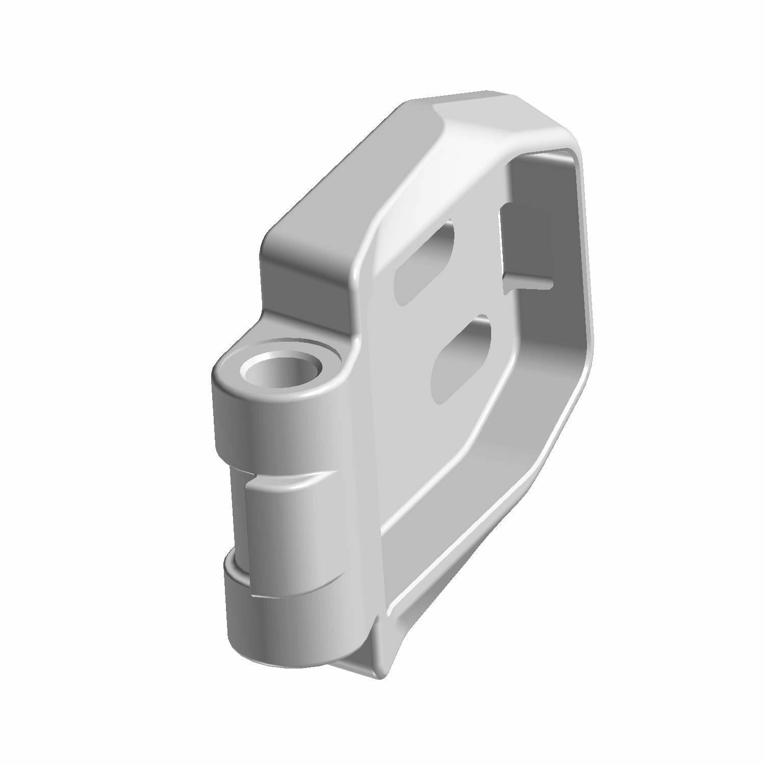 Black cast metal door hinge with mounting holes and reinforced angular design.