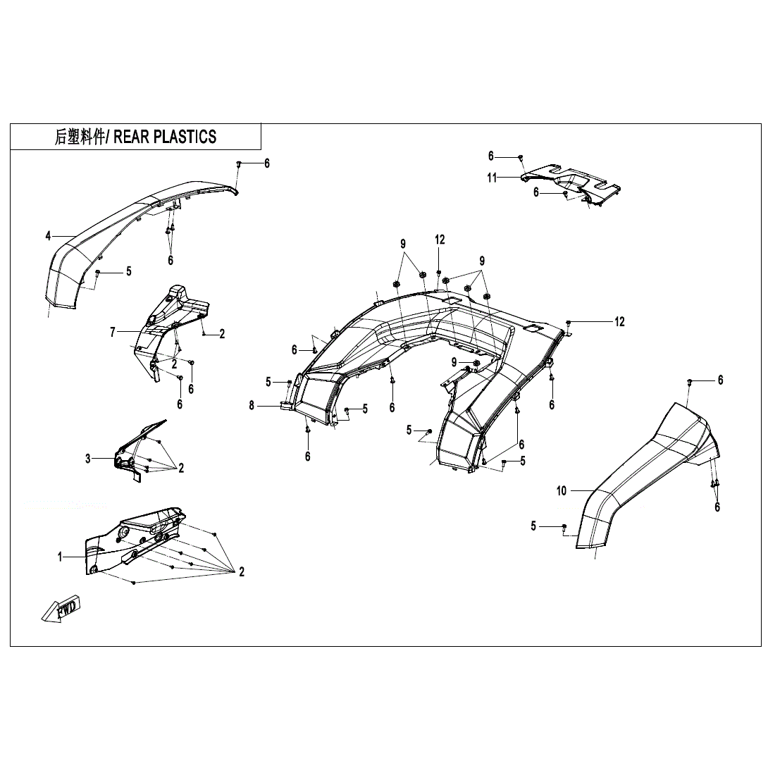 An Image of a genuine CFMOTO Parts Schematic Diagram showing the group - REAR PLASTICS(2) - 2023 CFMOTO CFORCE 600