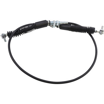 The Polaris UTV Shifter Cable by Moose Offroad features a black mechanical cable assembly with metal adjusters, rubber end coverings, stainless steel end fittings, threaded connectors, and visible attachment points for corrosion resistance.