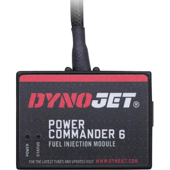 The Can Am Power Commander 6 Fuel Injection Module by Dynojet is a black EFI tuning device featuring Power and Status indicator lights on the front, a top cable connection, and is ideal for precise fuel table adjustment.