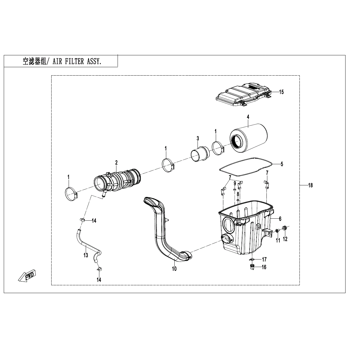 An Image of a genuine CFMOTO Parts Schematic Diagram showing the group - AIR FILTER ASSY - 2024 CFMOTO CFORCE 400 S