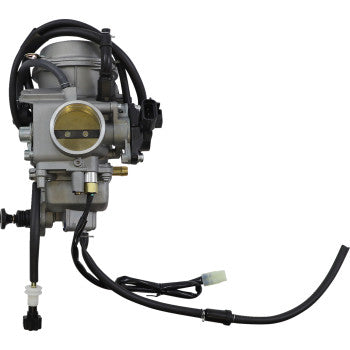 Silver metal Honda replacement carburetor with black hoses and electrical connector attached.