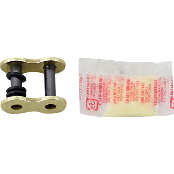 The 525 Max O Connecting Link Rivet Gold by RK is shown with O-rings and a small packet of chain grease labeled DO NOT EAT, for use as a replacement link in metal motorcycle chains.