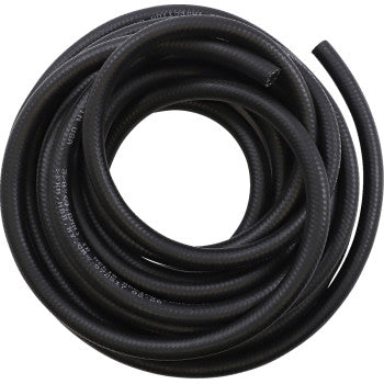 A Helix Fuel Line Black EFI 3/8" x 25' hose with a textured surface is coiled on a white background. This flexible, ethanol-compatible SAE 30R9 hose appears unused, with both ends visible.