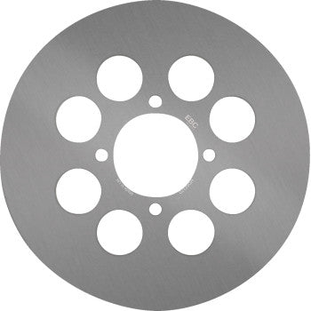The Yamaha ATV Brake Rotor by Ebc is a round, silver steel rotor with a smooth surface and multiple circular holes around a large central hole, reflecting an OEM rotor design.