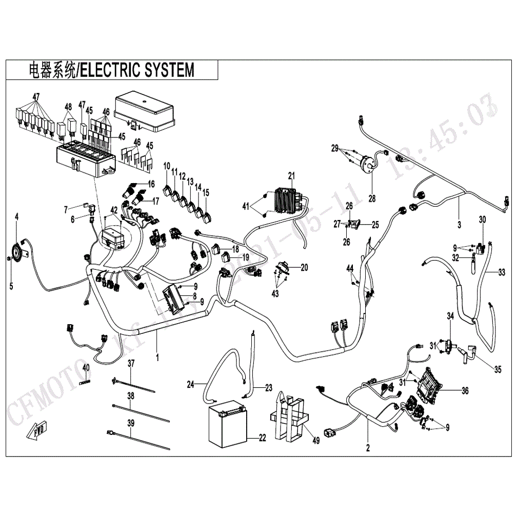 An Image of a Genuine CFMOTO Parts Schematic Diagram showing the schematic - ELECTRIC SYSTEM - 2021 CFMOTO UFORCE 600