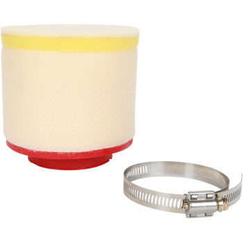 The Arctic Cat Foam Air Filter by No Toil, featuring a yellow top and red base, is pictured beside a metal hose clamp to deliver reliable air filtration performance.