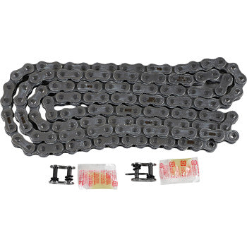 The 520 Max O Drive Chain 130 Links by RK is a coiled, high-tensile metal O-ring chain shown with two master links and two small grease or lubricant packets positioned below the chain.