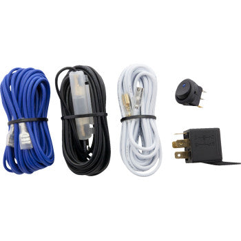 The Wiring Kit by Optronics Inc. includes blue, black, and white coiled wires with connectors, a black rocker switch, a black electrical plug adapter, and a 15A inline fuse for circuit protection.