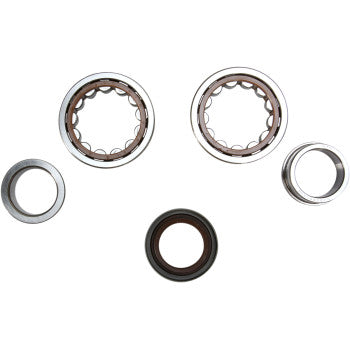 Set of five metal crank bearings and black rubber seal for offroad vehicle maintenance.