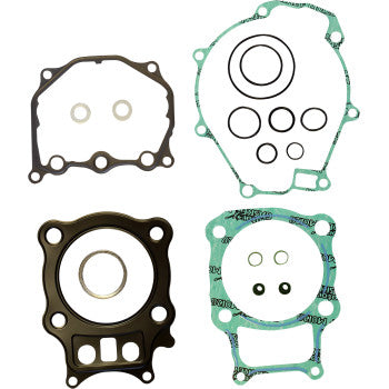 The Honda Complete Gasket Kit by Athena includes four black and green engine gaskets and seals with assorted holes and circular cutouts, perfect for gasket sets or engine rebuilds, shown against a white background.