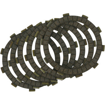 Six Clutch Plates by Vesrah are displayed in a fanned-out pattern on a white background. These OEM-quality friction plates have textured surfaces and metal-edge tabs, ensuring reliable performance and durability.