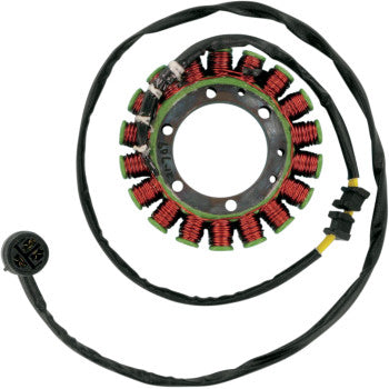 Circular metal Kawasaki stator with red copper wire coils evenly spaced and attached wiring harness with round black.