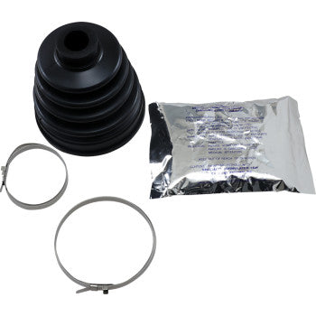 The Polaris CV Boot Kit Front & Rear Inboard Middle by Epi includes a black polychloroprene CV boot, two metal clamps, and a sealed silver packet of molybdenum disulfide grease.