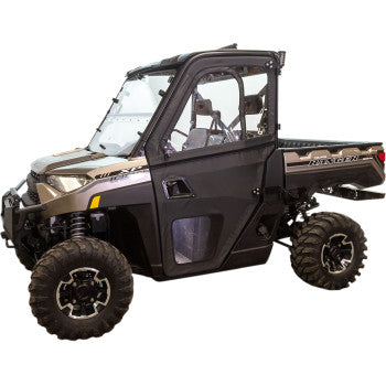 The Polaris Ranger XP 1000 features Seizmiks Framed Door Kit, shown in black and silver with large off-road tires, steel door frames, a cab enclosure, and a pickup-style cargo bed from a side angle on a white background.