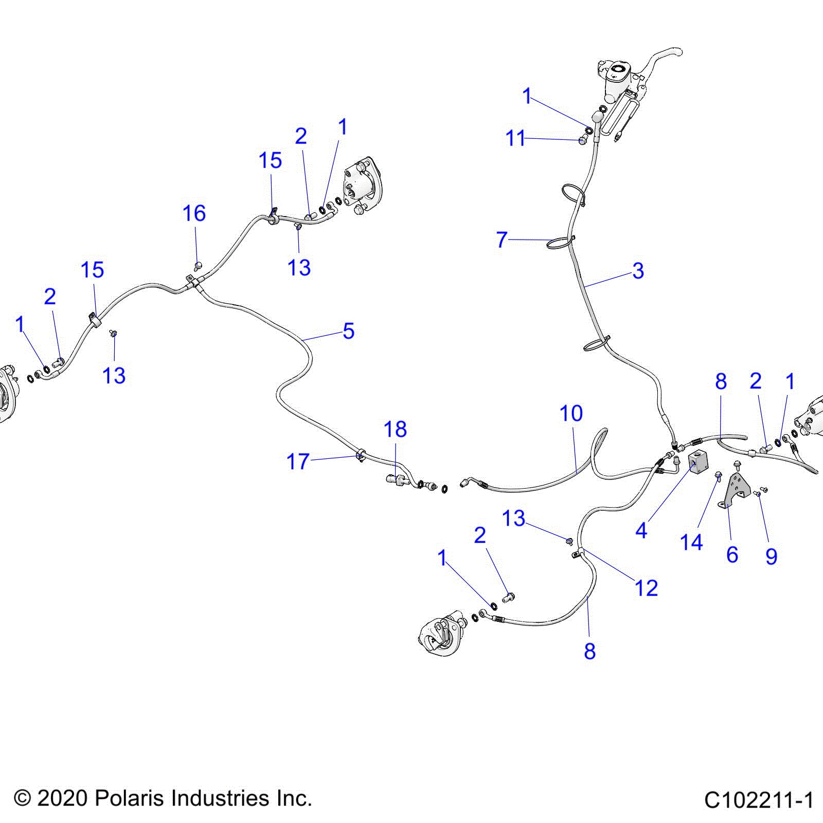 An Image of a Genuine Polaris Parts Schematic Diagram showing the schematic - BRAKES: BRAKE LINES - 2024 POLARIS SPORTSMAN XP 1000 HIGH LIFTER