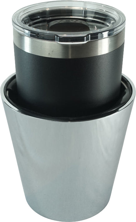 The Ultimate Kaddy Perch Mount XL Cup Holder Chrome by Kruzer Kaddy holds a black and silver insulated tumbler with a clear lid, fitting perfectly in your motorcycle cup holder or universal beverage mount, presented in a shiny metallic ice bucket.