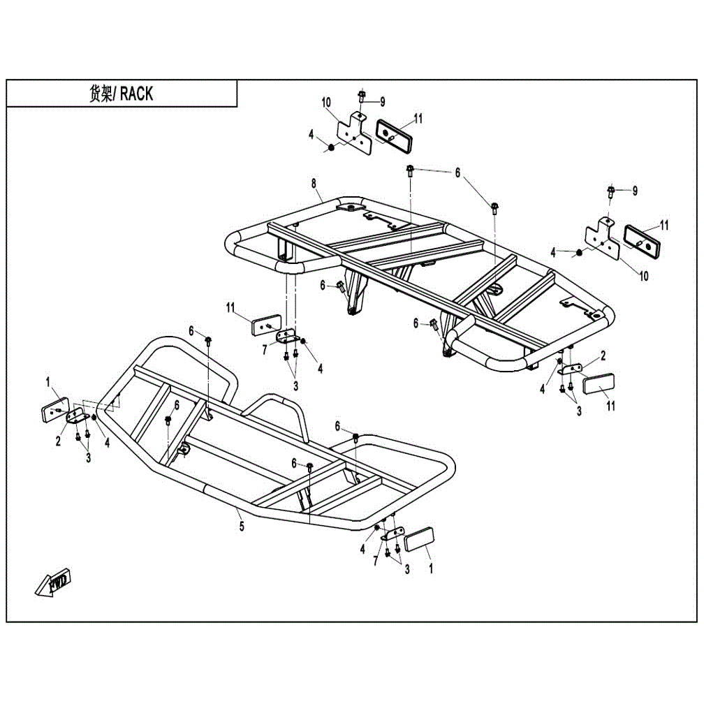 An Image of a genuine CFMOTO Parts Schematic Diagram showing the group - RACK (STEEL) - 2021 CFMOTO CFORCE 400