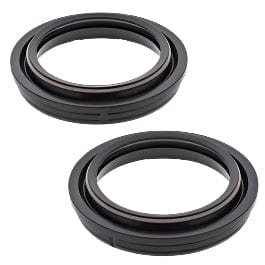 Two black circular rubber dust seals with inner metal rings from the Dust Seal Kit by All Balls are shown slightly overlapping on a white background. These fork seals fit various automotive uses, including Victory and Indian motorcycles.