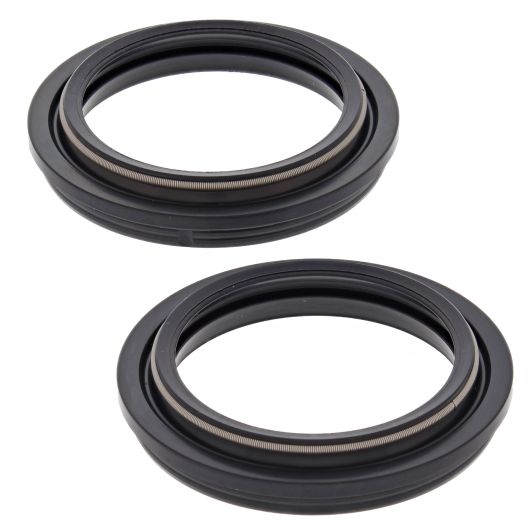 Pair of black 46mm rubber fork dust seals with metal inner rings for motorcycles.