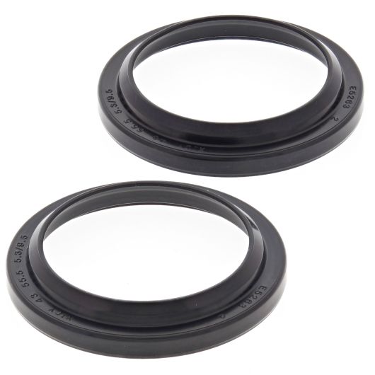 Pair of black rubber fork dust seals with 43mm inner diameter and circular shape.