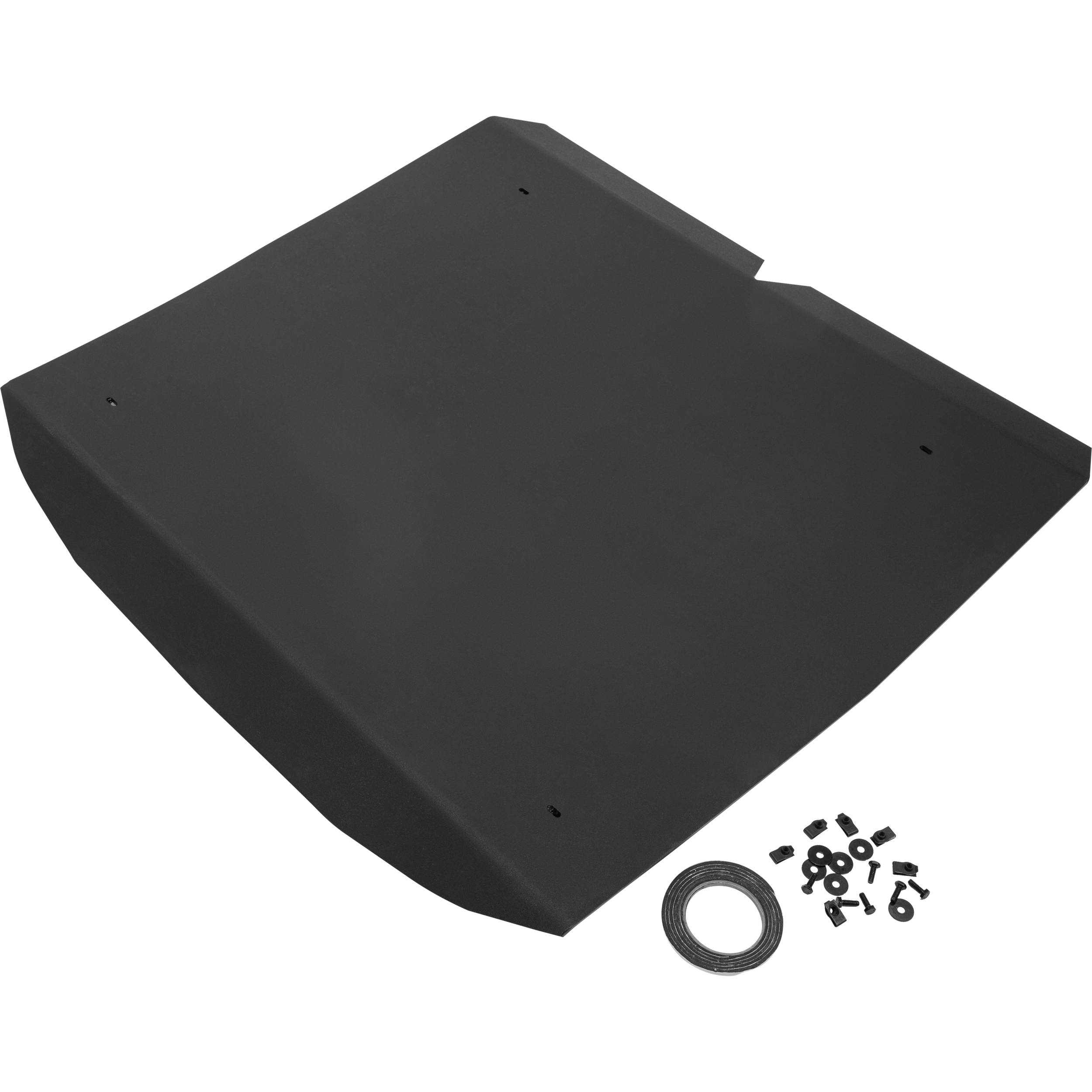 The Polaris RZR UTV Molded Roof by Open Trail, featuring a large matte black metal sheet with pre-drilled holes, is shown alongside a roll of tape, screws, nuts, washers, and galvanized steel clamps on a plain surface.