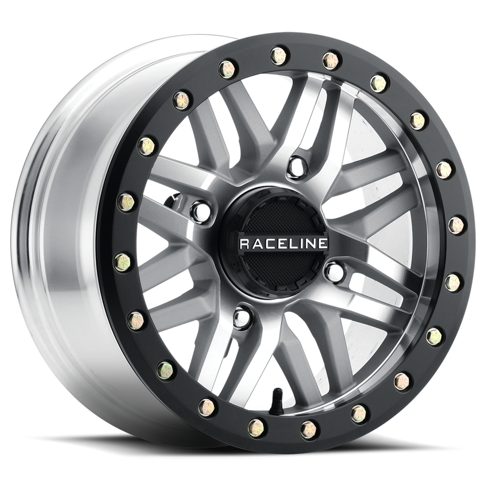 The Raceline ATV/UTV Ryno Beadlock Wheel (14x7, 4/137, 5+2 offset, +10mm) in Black/As Cast features a multi-spoke design with a beadlock ring and gold bolts. RACELINE is displayed on the center cap for standout style.