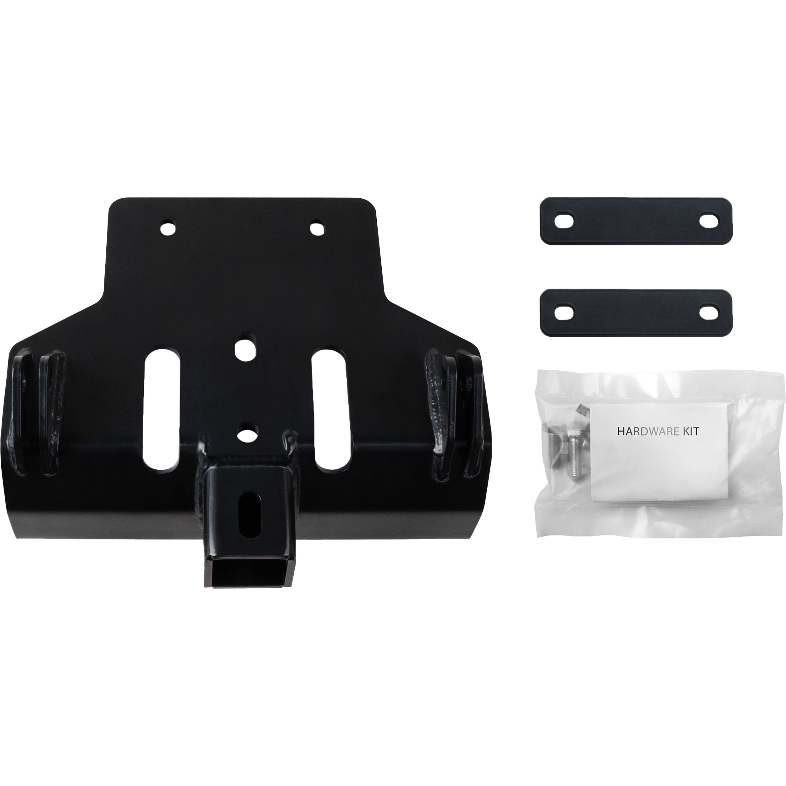 The Plow Mount by Open Trail is shown on a white background, featuring black metal brackets with two rectangular plates and a sealed Hardware Kit bag containing screws and fasteners.
