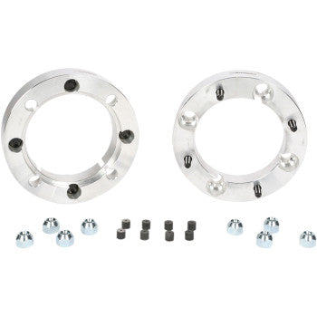 Two High Lifter Spacer with Stud Wheel Rear 4/156 1-1/2 units are displayed, each with five holes, accompanied by ten silver nuts and ten black bolts—perfect for upgrading your ATV with aftermarket tires or wheel adapters.