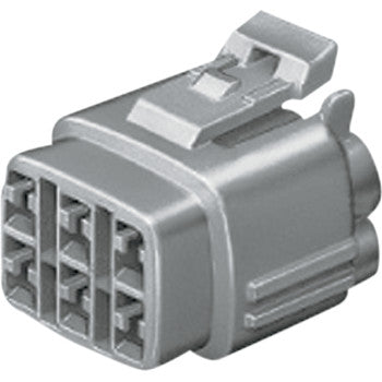 A close-up of the MT Series Connector 6 Position Female by Namz, showing its gray plastic body, six rectangular pin slots, and locking clip—ideal for custom applications.