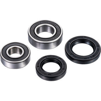 The Kawasaki - Suzuki - Arctic Cat Wheel Bearing Kit Front Left & Right by Factory Links features two waterproof bearings and two black rubber oil seals, arranged on a white background.