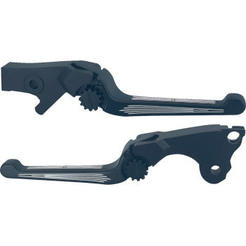 The Anthem Adjustable Lever Set - Contrast by PSR features two black CNC-machined aluminum levers with silver accents for motorcycle brake and clutch, shown side by side, highlighting bar reach adjustment dials and mounting holes.