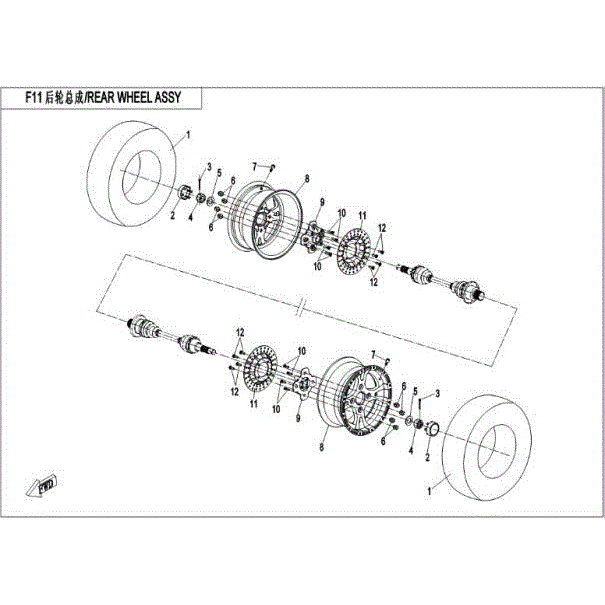 An Image of a Genuine CFMOTO Parts Schematic Diagram showing the schematic - REAR WHEEL ASSY - 2016 CFMOTO ZFORCE 500