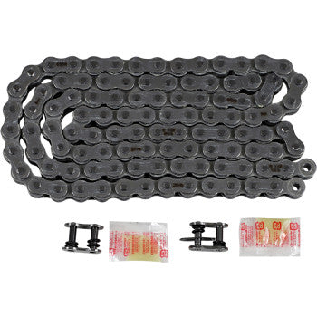 The 520 Max O Drive Chain 106 Links by RK is shown coiled with two master links and two grease packets below, emphasizing its high tensile strength and durability.