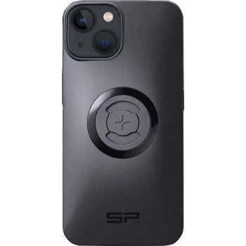 The SPC+ Phone Case iPhone® 13 14 by Sp Connect is a black case with a circular magnetic mount ring at the back center, subtle logo, camera cutout at the top left, and SP branding near the bottom.