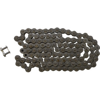 A 420 HDR Heavy Duty Drive Chain Steel 110 Links by JT Chains is arranged in a loose, wavy pattern on a white background, with a separate quick link positioned to the left of the chain.